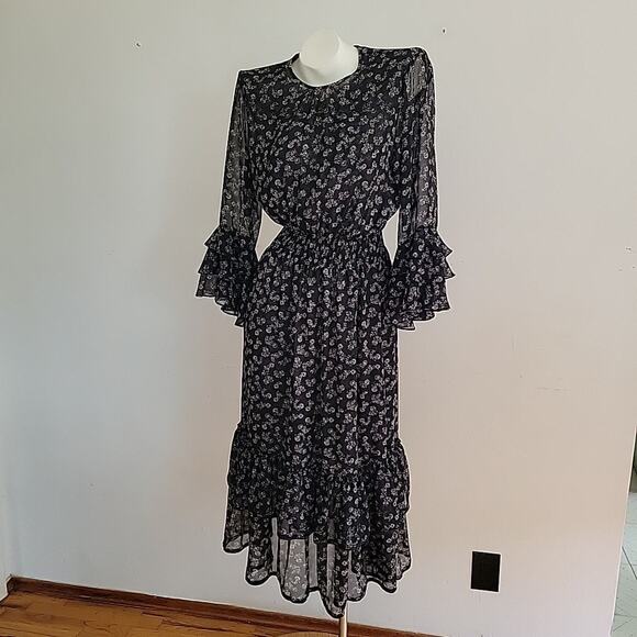 Misa Los Angeles Gordana Ruffle Midi Dress Medium Black Bell Sleeve Whimsigoth - Picture 1 of 16